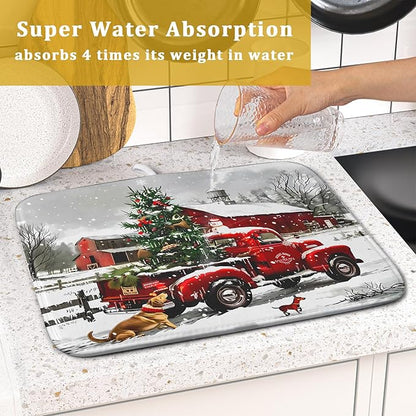 Christmas Red Truck Dish Drying Mat for Kitchen Counter 16x18 Inch Xmas Tree Snowman Dog Winter Print Absorbent Reversible Microfiber Drying Mats Kitchen Countertop Protector Dishes Drainer Rack Pad - Image 7