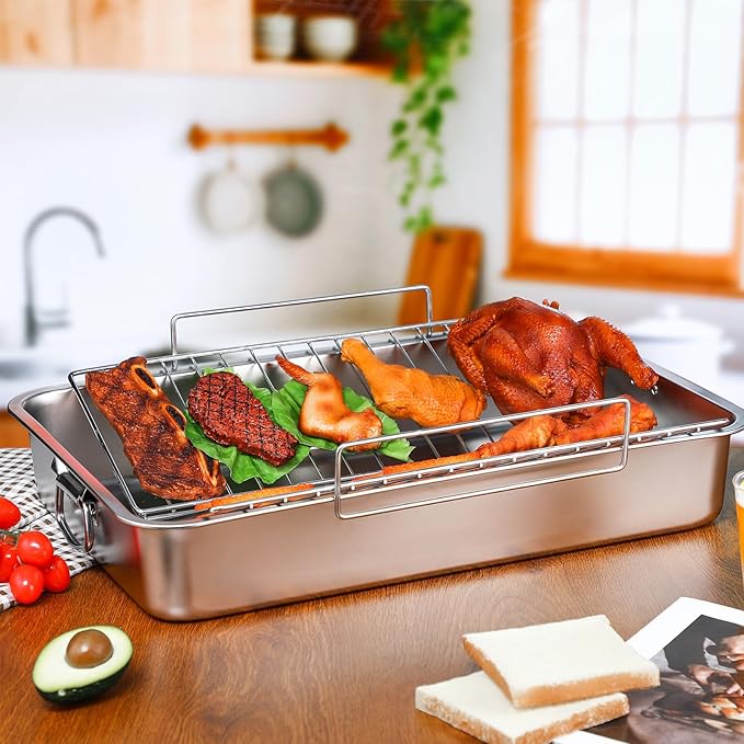 Teenyyou Extra Large Stainless Steel Turkey Roaster with Racks 23.6 * 15.7in Turkey Roaster Pot, with Stainless Steel Detachable Rack Suitable for Poultry, Chicken, Ham, Vegetable