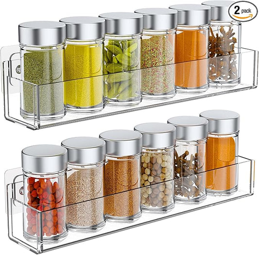 Transparent Acrylic Adhesive Spice Rack with Strong Adhesive Tape, Suitable for Kitchen Cabinet, Refrigerator, Pantry, Wall-Mounted Seasoning Rack (2 Pack) Remove Matte Protective Film Before Use