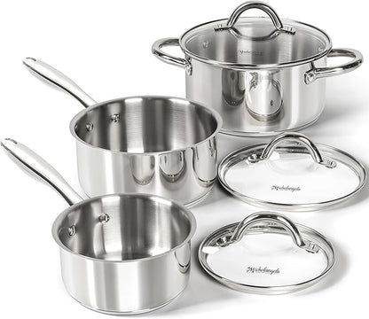 MICHELANGELO Saucepan Set 6pc, 18/10 Stainless Steel Saucepans with Lids, Tri-Ply Bottom, Dual Handle 3QT, Induction Compatible Sauce Pots, 1QT & 2QT & 3QT by Michelangelo