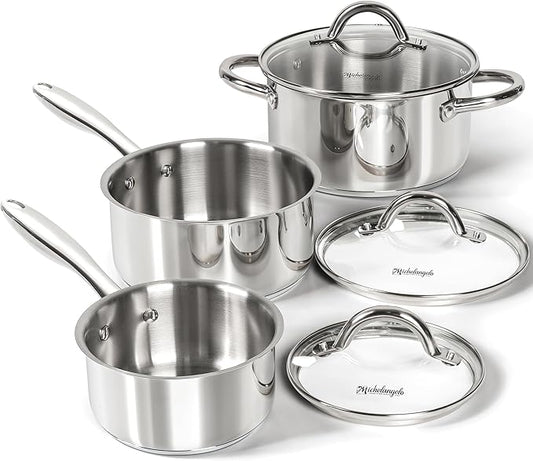MICHELANGELO Saucepan Set 6pc, 18/10 Stainless Steel Saucepans with Lids, Tri-Ply Bottom, Dual Handle 3QT, Induction Compatible Sauce Pots, 1QT & 2QT & 3QT by Michelangelo