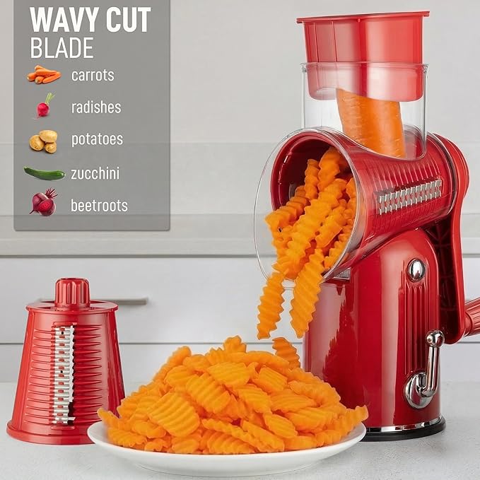 Zulay Kitchen Rotary Cheese Grater 5 Blade Cheese Shredder - Manual Hand Crank Cheese Grater With Reinforced Suction & 5 Interchangeable Drums - Easy to Use, Vegetable Chopper Round Mandoline Slicer - Image 4