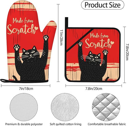 Funny Cat Oven Mitts and Pot Holders Sets Red Black Kitchen Decor Cute Cat Kitchen Accessories Funny Cat Gifts House Warming Birthday Cooking Gifts for Women (Red, Oven Mitts & Pot Holders)