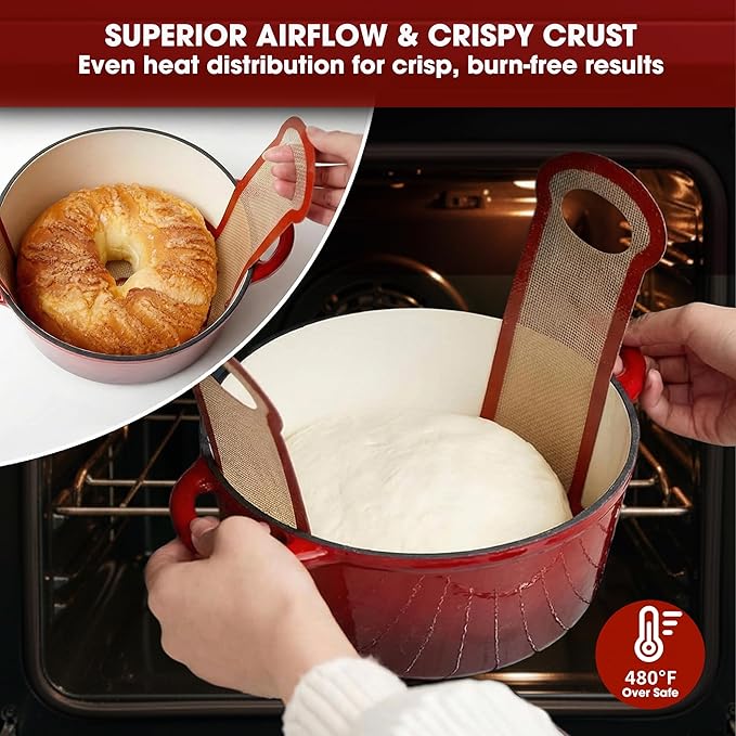Sourdough Silicone Bread Sling for Dutch Oven, 2PCS Non-Stick Reusable Baking Mat with Long Handles, Essentials Bread Making Supplies for Dough Transfer and Loaf Pan Lifter Liner, Set Of Oval & Round - Image 3
