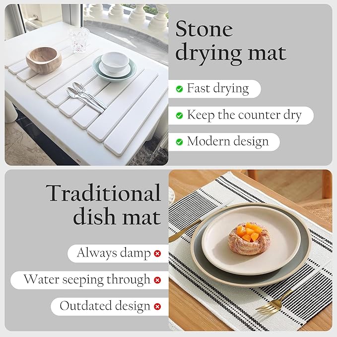 Large Stone Drying Mat for Kitchen Counter | Premium Diatomaceous Earth Coaster Set for Dishes | Non-Slip Kitchen Sink Mat | Fast-Absorbing, Eco-Friendly | 23" x 15.5" (White)
