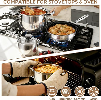 Stainless Steel Cookware Set - 15 Pieces Pots and Pans Nonstick Pot and Pan Set Includes 1 Frying Pans, 5 Pots, 6 Lids and 3 Utensils, with Stay Cooling Handle, Induction & Oven Safe - Image 4