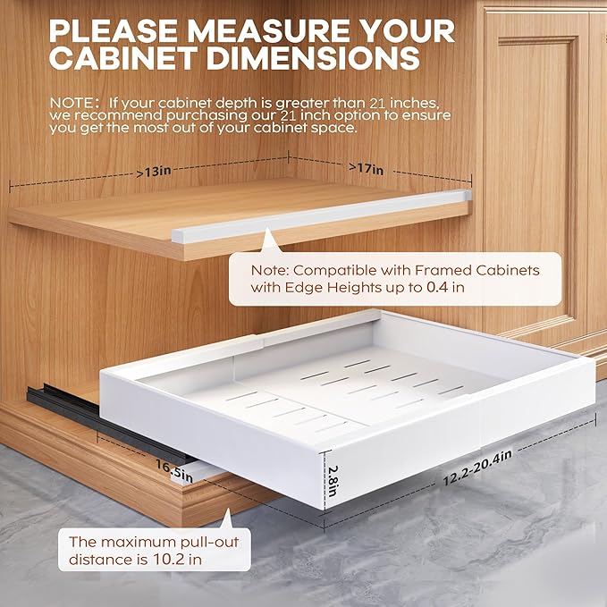 Seinloes 2 Pack Expandable Pull Out Cabinet Organizer 16.5"Deep with Raising Pad for Framed Cabinets,Upgrade 3 Slide Rails Slide Out Drawers,Roll Out Shelves Adhesive,Adjustable Width 12.2"-20.4"White - Image 4