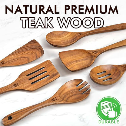 Wooden Spoons for Cooking, 6 Pcs Natural Teak Wooden Kitchen Utensils Set, Cooking Utensils Set with Long & Comfort Grip, Wooden Spoons Spatula Set Perfect for Non-Stick Cookware - Image 2