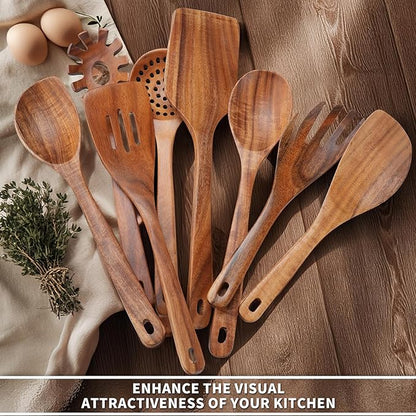 9 PCS Kitchen Utensils Set - Wooden Spoons for Cooking, Natural Teak Wooden Utensils - Includes Wooden Spoons, Spatula Set, Slotted Spoon - Handmade Wooden Spoon Set