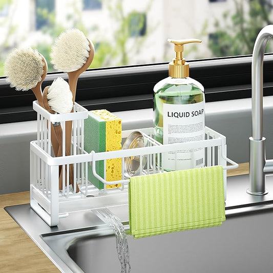 HapiRm Sponge Holder for Kitchen Sink - Self-draining Sink Caddy with Brush and Dishcloth Holders, Stainless Steel Kitchen Organizer for Countertop - White by HapiRm