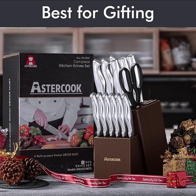 Knife Set, Astercook 15 Pieces Kitchen Knife Set with Built-in Sharpener, German Stainless Steel Knife Block Set, Razor-Sharp Knives with Full-tang Handle, Dishwasher Safe, Mothers Day Gifts - Image 9