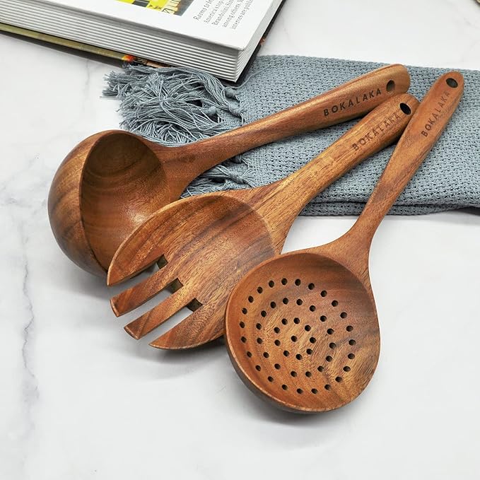 GreyWooden Kitchen Utensil Set, 6Pcs Wooden Cooking Utensils for Non-Stick Pan, 100% Natural Teak Wooden Spatula - Image 4