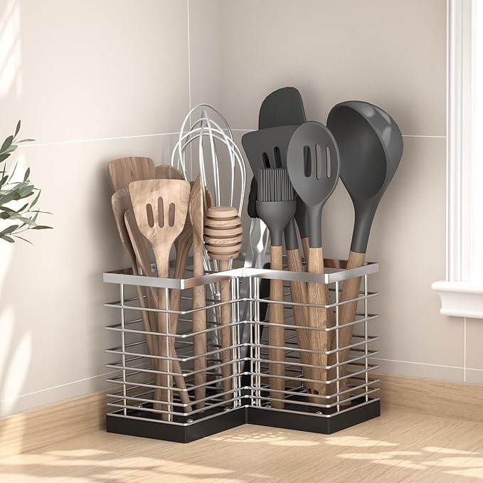 Suli Extra Large Kitchen Utensil Holder with 3 Compartments，Silvery Metal Corner Kitchen Caddy for Countertop，Farmhouse Rustic Cooking Storage-Silvery - Image 8