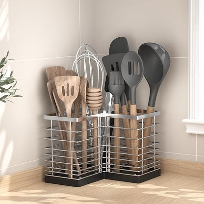 Suli Extra Large Kitchen Utensil Holder with 3 Compartments，Silvery Metal Corner Kitchen Caddy for Countertop，Farmhouse Rustic Cooking Storage-Silvery - Image 8