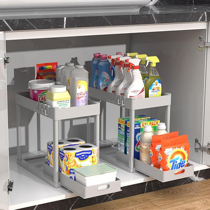 2PC Under Sink Organizer Rack 2 Tier Under Sliding Cabinet Basket Organizer Drawer with 4 Hooks, Multi-purpose Under Sink Storage for Bathroom Kitchen Desktop（Grey） - Image 7
