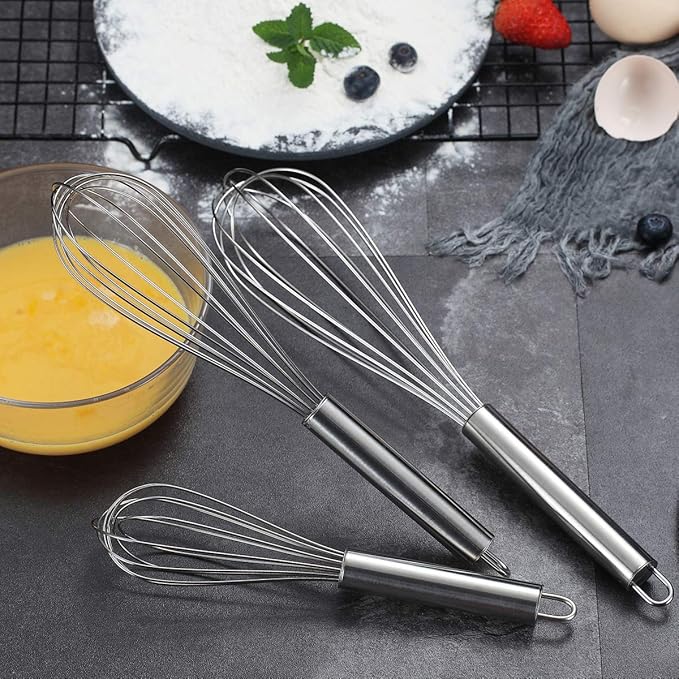 Berglander Whisk Set Pack of 3, Stainless Steel Whisks for Cooking 8",10",12", Wire Ballon Wisk (Silver) - Image 4