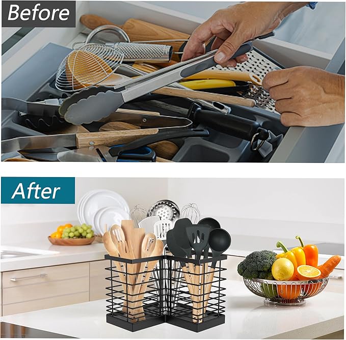 Suli Extra Large Kitchen Utensil Holder with 3 Compartments，Matte Black Metal Corner Kitchen Caddy for Countertop，Farmhouse Rustic Cooking Storage-Black - Image 3
