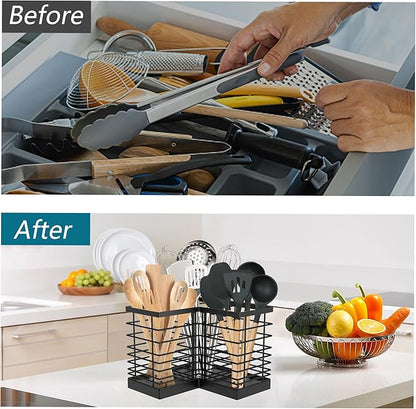 Suli Extra Large Kitchen Utensil Holder with 3 Compartments，Matte Black Metal Corner Kitchen Caddy for Countertop，Farmhouse Rustic Cooking Storage-Black - Image 3