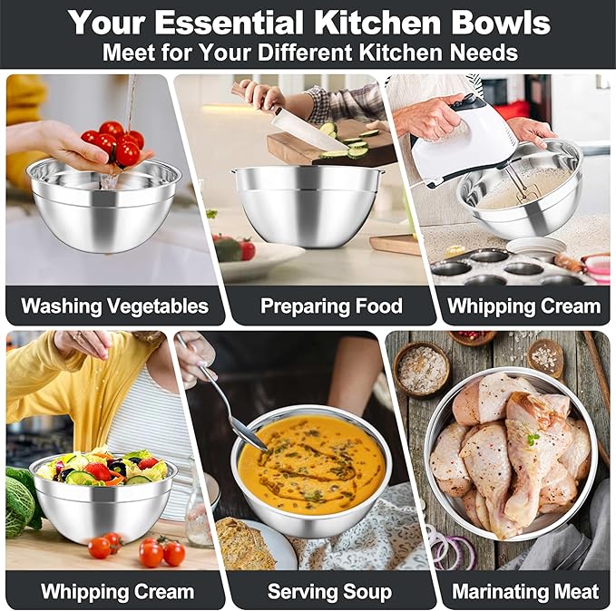 TeamFar Mixing Bowls Set, 4.5/3/1.5/1/0.7 QT Stainless Steel Nesting Salad Bowls with Airtight Lids, For Serving/Mixing/Storing, Non-Toxic & Heavy Duty, Visible & Easy Clean, Black, Set of 5 - Image 6