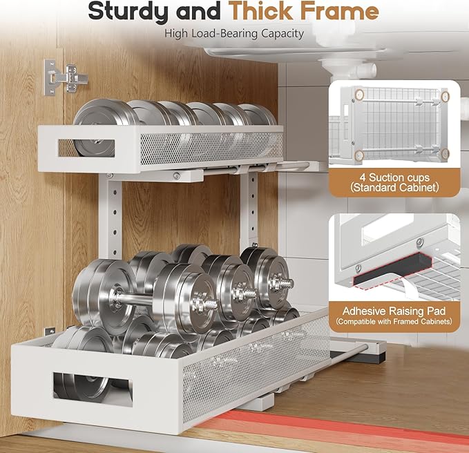 1 Pack 17IN Depth Under Sink Storage Organizer, Large 2-Tier Elegant Mesh Pull Out Shelf for Kitchen and Bathroom Cabinet Organization, L-Shaped and Adjustable Height Design-White - Image 3