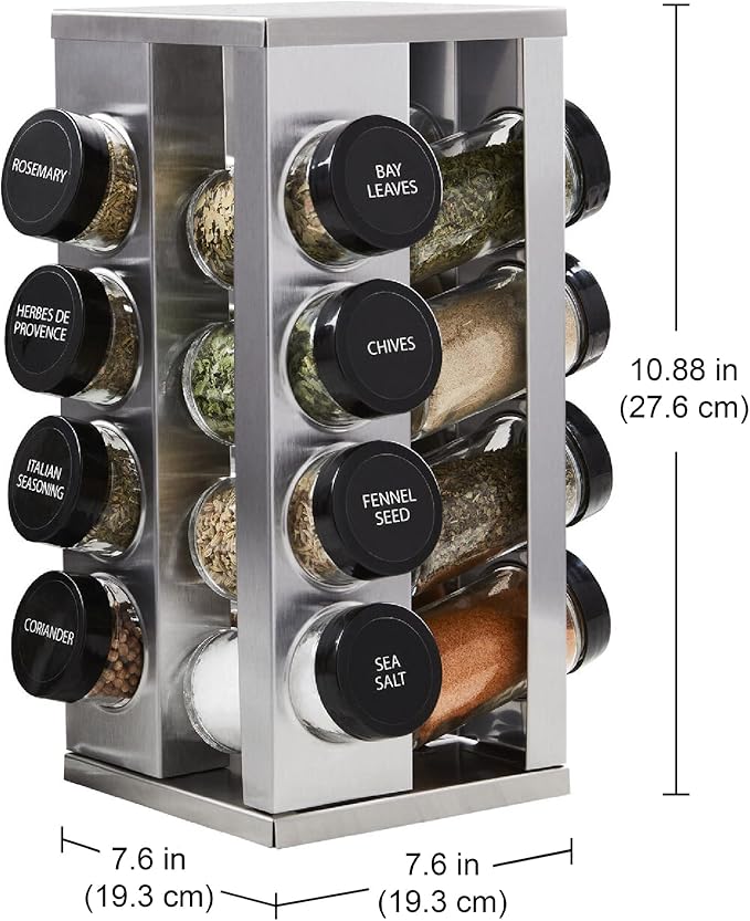 Kamenstein 16 Jar Heritage Revolving Countertop Spice Rack Organizer with Spices Included, FREE Spice Refills for 5 years, Brushed Stainless Steel with Black Caps | Revolving, Organizer, with Spices Included, with Black Caps - Image 3