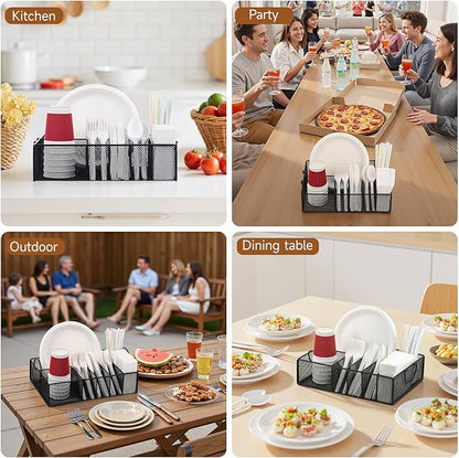 Utensil Caddy with Handle, Metal Paper Plate Holder for Kitchen Counter,Silverware Cutlery Caddy Organizer Flatware Storage for Plastic Spoon Fork Plates Napkins Cup Party Camping Black - Image 5