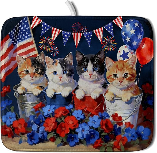 4th of July Dish Drying Mat Patriotic Cats Dish Drying Rack Mat for Kitchen Counter Small by Giwawa