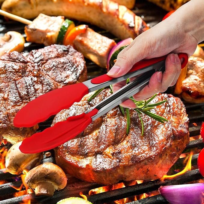 Premium Stainless Steel Heat Resistant Kitchen Tongs for cooking,set of 9" and 12" (Red),Non Scratch Silicone cooking Tong Tip for Cooking Pans,Strong Grip BBQ tongs for Grabbing Hot Food - Image 6