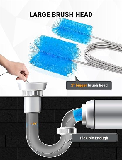 SARDVISA Flexible Long Drain Brush Tool with Large Double Elastic Nylon Ends, Stainless Steel Tube Cleaner Brush for Kitchen, Sink, Drain Pipe, and Long Pipe Cleaning, 2 Straw Cleaning Brushes