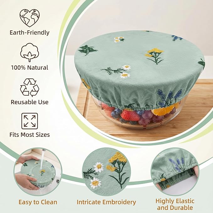 Reusable Bowl Covers (Set of 4) - Breathable Cotton Linen Sourdough Accessories - Elastic Durable Fabric Food Lids for Proofing Baskets & Bread Baking Supplies (Sage Green) - Image 5