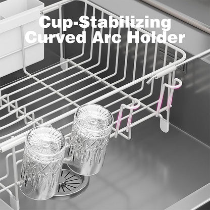 Dish Drying Rack in Sink: Expandable, 3-Slot Utensil Holder, Anti-Slip Handle. Small Dish Rack: Ideal for Small Households. Kitchen Drying Rack: White