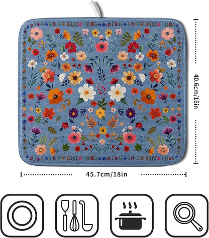 Lovely Flowers Dish Drying Mat - Blue Floral Kitchen Counter Microfiber Drying Pad 16 X 18 for Home Decor - Image 2