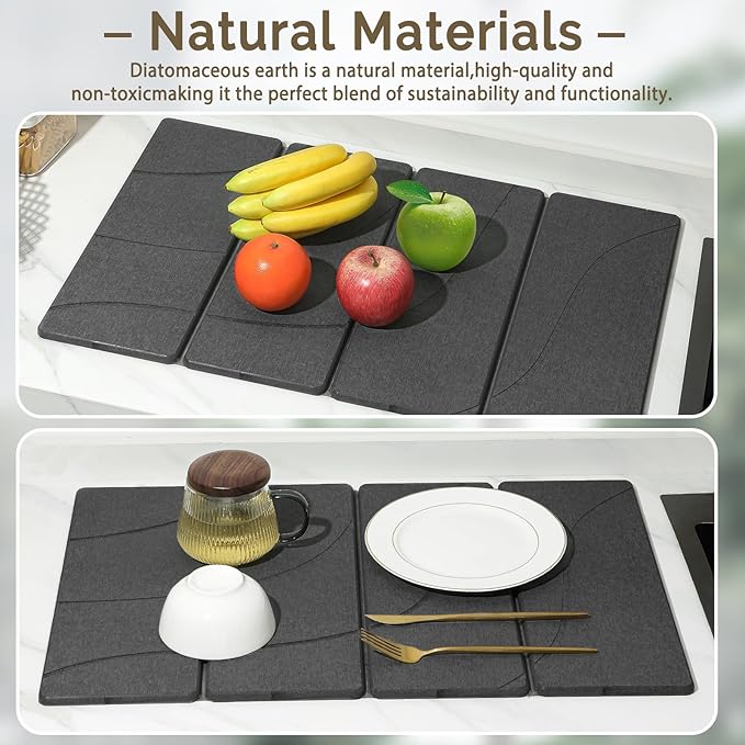 Large Stone Dish Drying Mat for Kitchen Counter, 2 PCS Quick Dry Stone Mats, Foldable Water Absorbing Diatomaceous Earth Drying Dishes Pad for Countertop Bottle Utensil Cup(Carved Gray 24"x16"&8"x4") - Image 8