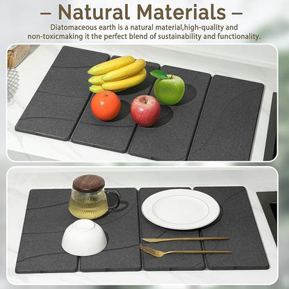 Large Stone Dish Drying Mat for Kitchen Counter, 2 PCS Quick Dry Stone Mats, Foldable Water Absorbing Diatomaceous Earth Drying Dishes Pad for Countertop Bottle Utensil Cup(Carved Gray 24"x16"&8"x4") - Image 8