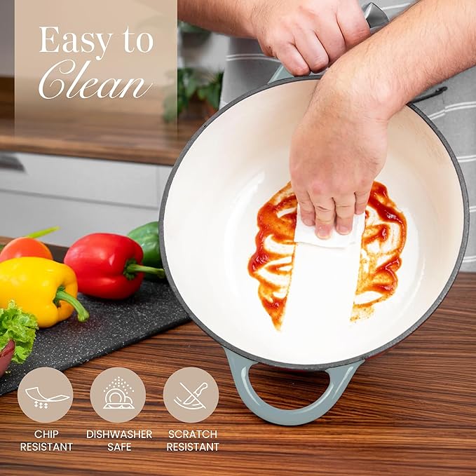 Nuovva Enamelled Cast Iron Dutch Oven Pot with Lid 6.4 Quart Non Stick Casserole Pot – Heavy Duty & Oven Safe up to 500° F for Bread Baking, Braising, Stews, Roasting – 28cm Sea Salt - Image 9