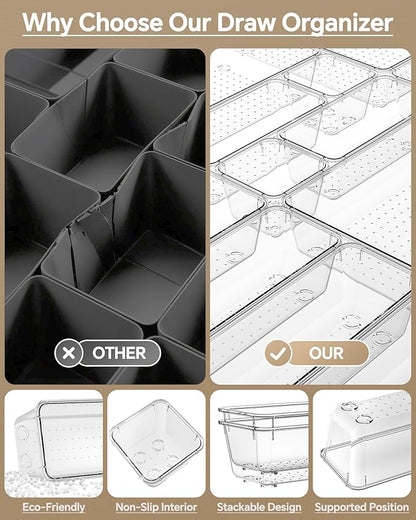 KEMETHY 25 PCS Plastic Drawer Organizers Set, 4 Sizes Vanity Organizer, Makeup and Desk Drawer Organizer Trays, Organization and Storage for Makeup, Bathroom, Kitchen Utensils and Office (Clear) - Image 5