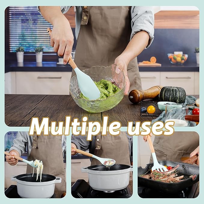 QMVESS Silicone Kitchen Utensils Set, 35 Pcs Non-Stick Cooking Utensils Set, Sturdy Insulation Wooden Handle Kitchen Accessories for Cooking with Spatula Set and Spoons Set Gadgets (Light Green) - Image 6