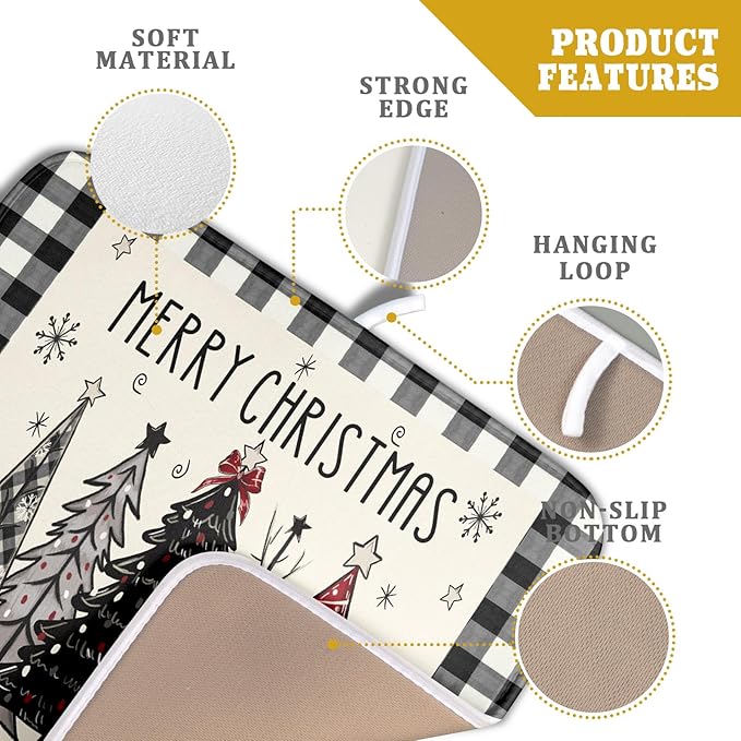Merry Christmas Tree Dish Drying Mat for Kitchen Counter 16x18 Inch Black Red Grey Xmas Plaid Print Absorbent Reversible Microfiber Drying Mats Kitchen Countertop Protector Dishes Drainer Rack Pad - Image 4