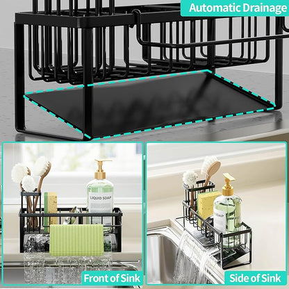 HapiRm Sponge Holder for Kitchen Sink - Self-draining Sink Caddy with Brush and Dishcloth Holders with Sloping Drainage - Black - Image 2