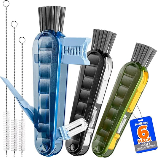 6 PACK Holikme 4 in 1 Cup Lid Cleaning Brush Set with 3 Straws, Multifunctional Bottle Brush, Silicone Cup Lid Gap Cleaner, Durable Bristle Crevice Cleaning Brush,Flat End Brushes,Navy & Black & Olive by Holikme