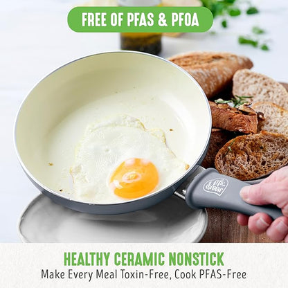 GreenLife Soft Grip Healthy Ceramic Nonstick 18 Piece Kitchen Cookware Pots and Frying Sauce Saute Pans Set, PFAS-Free with Kitchen Utensils and Lid, Dishwasher Safe, Gray