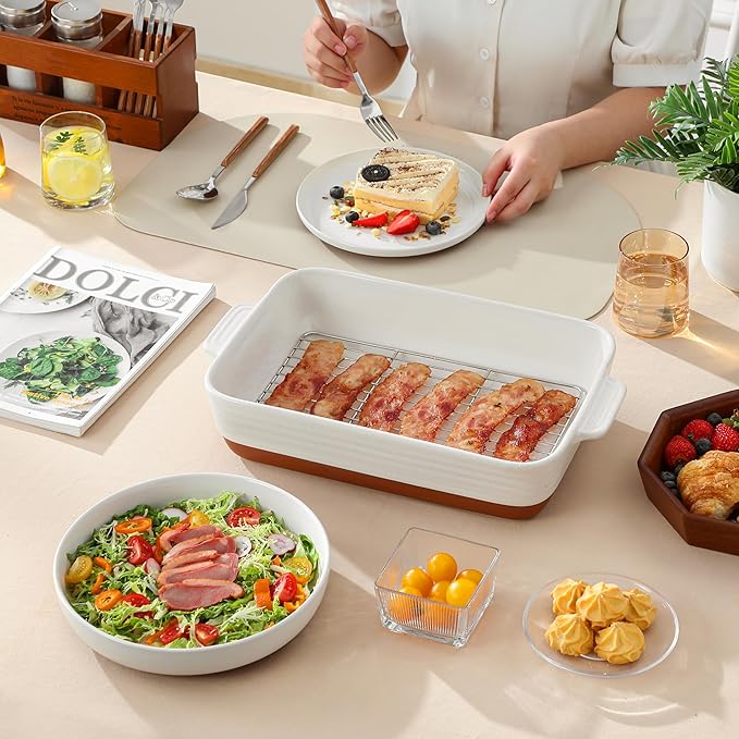 MALACASA Baking Dish with Rack, 4.8 Qt Ceramic Roasting Pan with Stainless Steel Drip Rack, 9x13 Inch Deep Casserole Dish with Handles, Oven Safe Lasagna Pan for Baking & Serving (Khaki & White) - Series Tara - Image 9