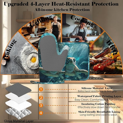 Sea Turtles Oven Mitt and Pot Holder with Silicone Heat Resistant Kitchen for Cooking BBQ Baking Grilling Cooking Protection