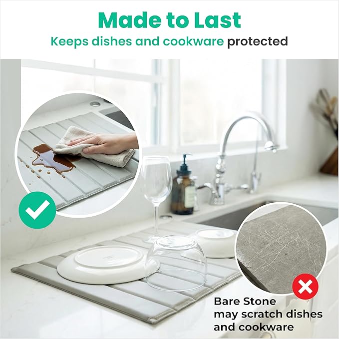 25" x 15" Large Stone Dish Drying Mat for Kitchen Counter Sink - Quick Dry Super Absorbent Diatomaceous Earth Pad for Dishes, Mats for Bathroom - Absorbing Mats - Gray