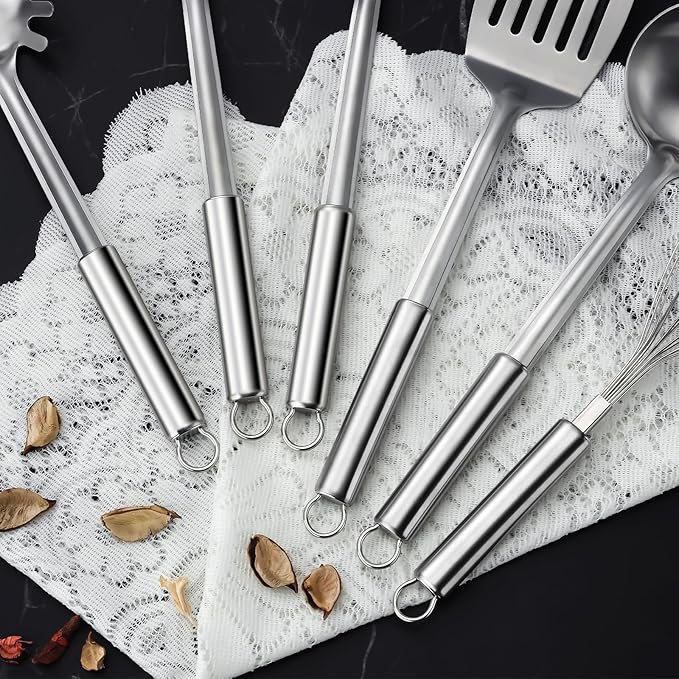 6-Piece Kitchen Cooking Utensils Set, Stainless Steel Kitchen Utensils with Suspendable Handle, Spatula, Slotted Turner, Soup Ladle, Slotted Spoon, Whisk, Pasta Server, Dishwasher Safe - Image 6