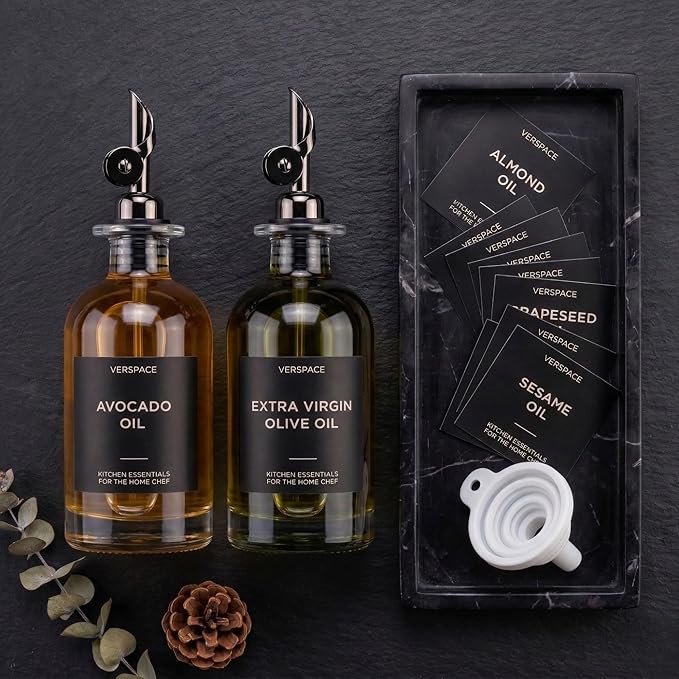 Verspace - Clear Glass Olive Oil Dispenser Bottles For Kitchen With Silicone Tray & 40 Labels, Soy Sauce Dispenser, Coffee Syrup Dispenser, Olive Oil Bottles Set Of 2, Black - Image 3
