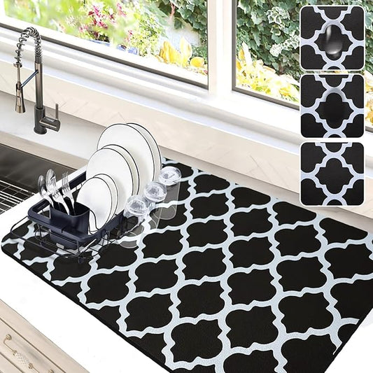 Dish Drying Mat for Kitchen Counter, 16"x24" Dish Drying Pad with Non-slip Rubber Backed, Hide Stain Anti Absorbent for Kitchen Counter, Drying Mat for Coffee Machine Dish Rack (Black Trellis) by Etomiel