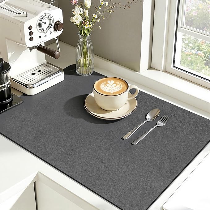 Findosom Dish Drying Mat, 12"x 20" Super Absorbent & Hide Stain Coffee Mat, Cuttable Drying Mat for Kitchen Counter, Coffee Bar Accessories, Under Dish Rack, Coffee Maker, Espresso Machine, DarkGrey-2 by Findosom