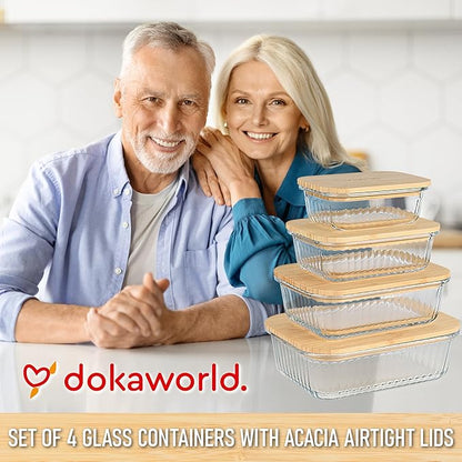 Ribbed Glass Tupperware Set with Bamboo Lids - 4 Stackable Meal Prep Containers. Durable heat resistant Inert Borosilicate Glass - Image 9