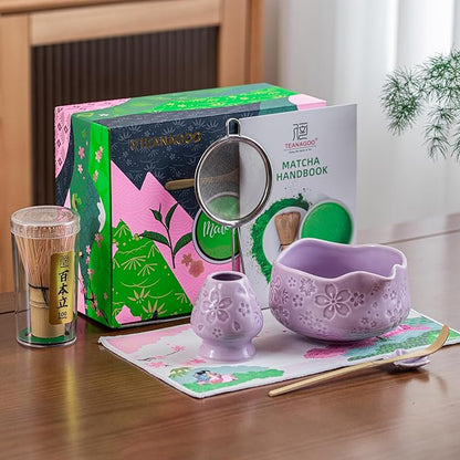 TEANAGOO 7-PCS Purple Matcha Whisk Set with Cherry Blossom Design, Complete Ceremony Kit, Ceramic Chawan Bowl with Spout, Whisk & Accessories, Traditional Matcha Tea Set for Lattes& Gift Giving